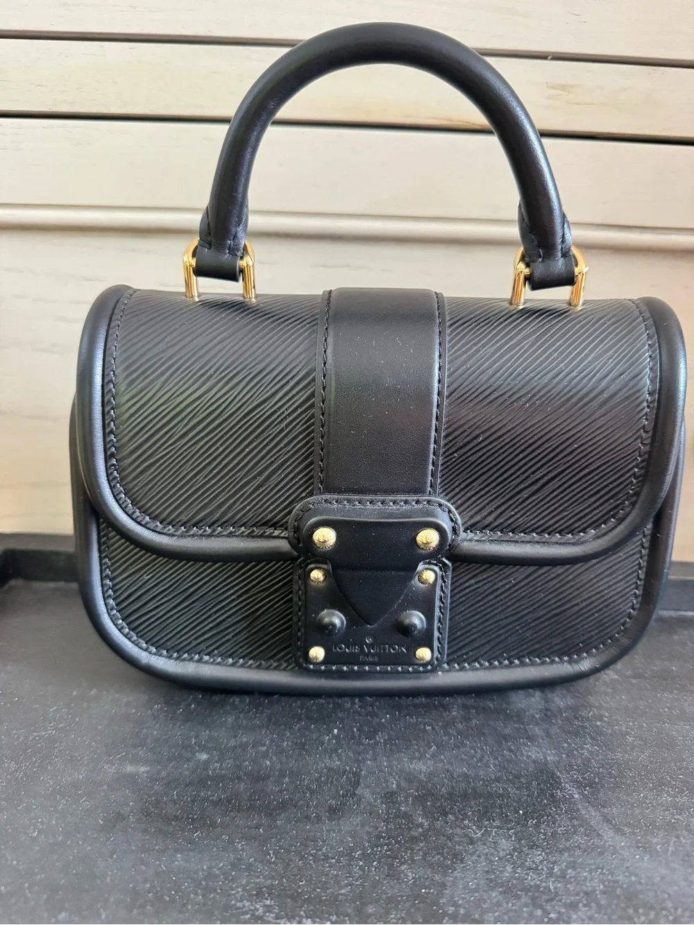 Louis Vuitton Black Leather Top-Handle Satchel with Gold Hardware